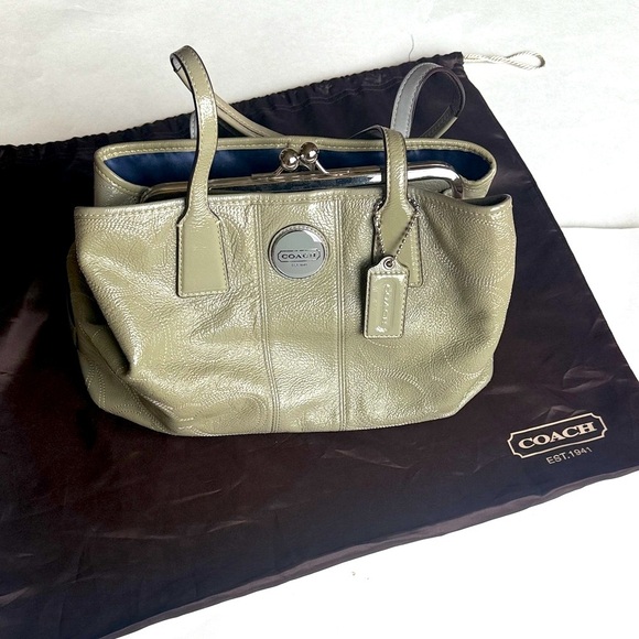 Coach Stitch Framed Kisslock Carryall Tote Bag in Olive / Gray Leather - Picture 2 of 13